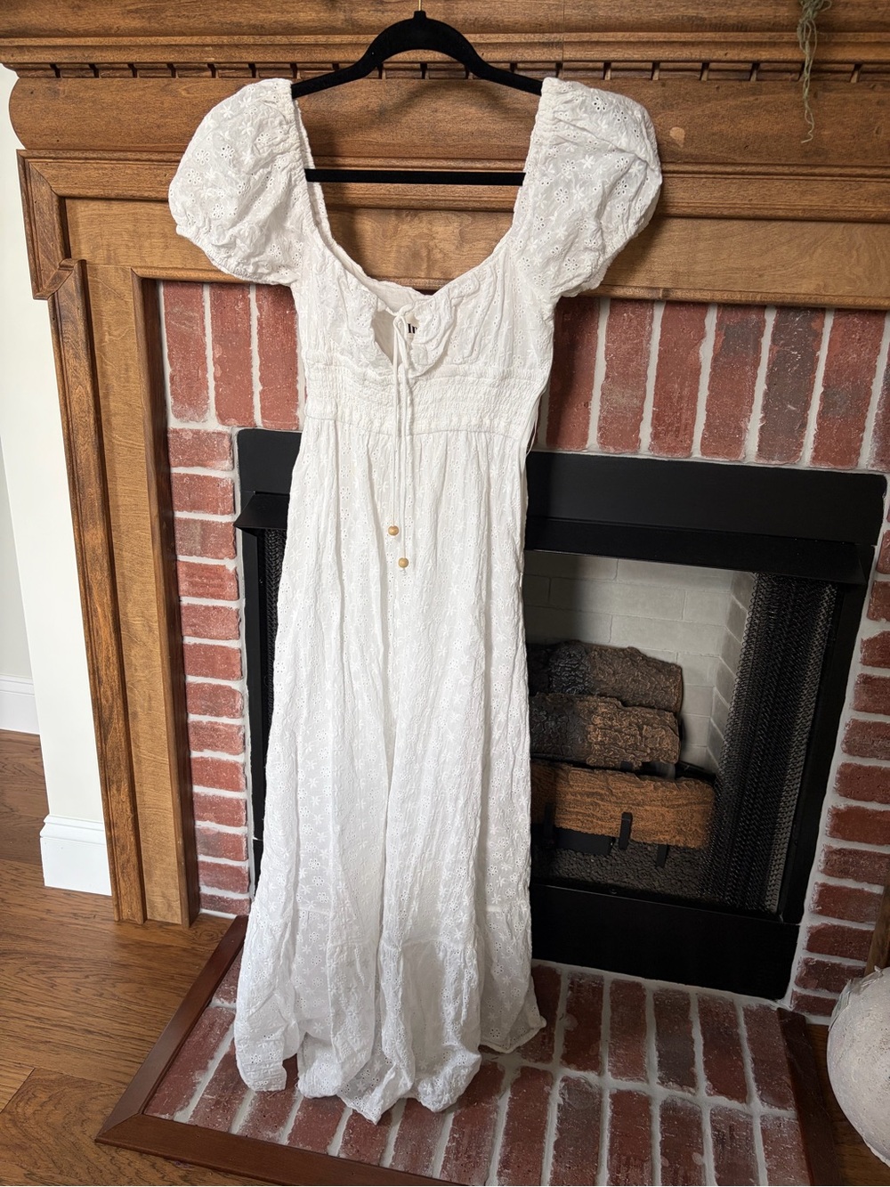Princess Polly White Eyelet Puff-Sleeve Maxi Dress with Tie Front